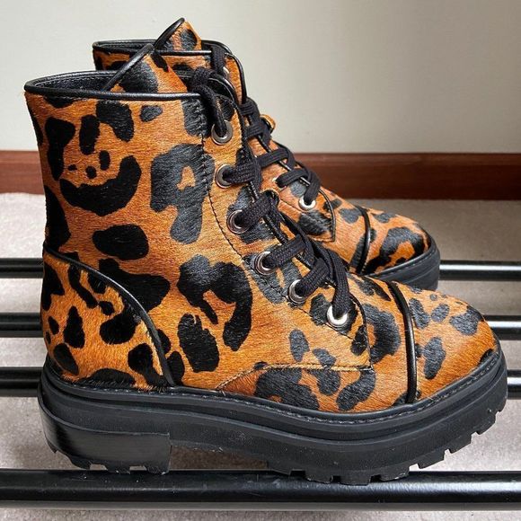 SCHUTZ Women Maylova Leopard Leather Calf Hair Combat Boots NEW NWOB - Picture 6 of 8